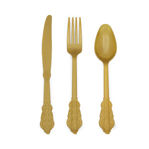 Antique Gold Plastic Cutlery for Wedding, Forks, Knives, Spoons (Serves 50, 150 Pack)