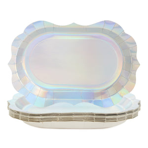 24 Holographic Silver Disposable Party Serving Trays with Scalloped Foil Edge (13 x 9 in)