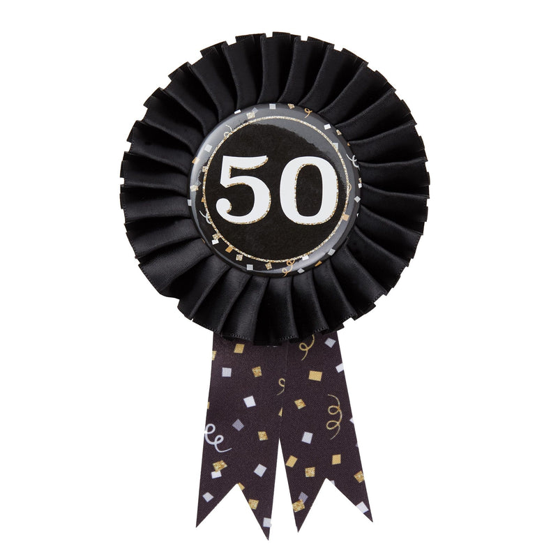 50th Birthday Party Supplies, Button Pin, Sash, Hat, Blower (Black, Gold, 4 Pieces)