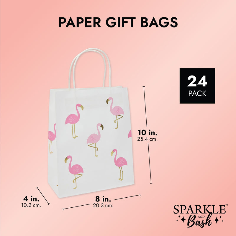 24-Pack Flamingo Birthday Party Favor Gift Bags with Convenient Handles, Medium Size, 8x10x4 inches for Tropical-Themed Decorations (White, Pink Gold Foil Design)