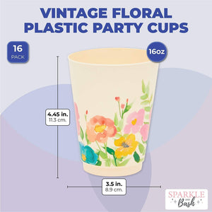Coral Flower Plastic Tumbler Cups, Floral Party Decorations (16 oz, 16 Pack)