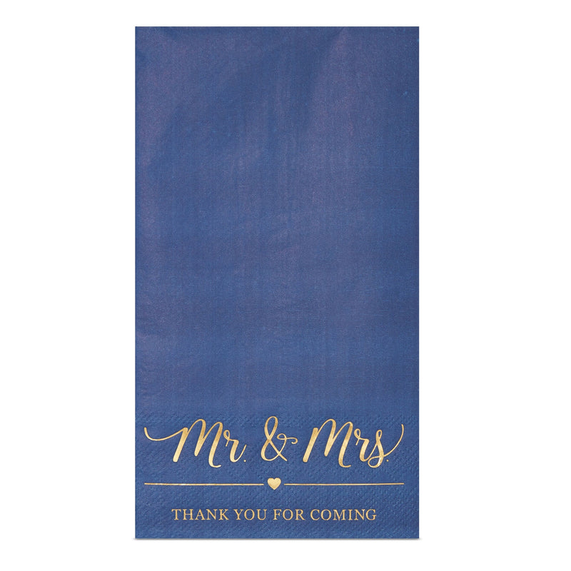 100 Pack Navy Blue Napkins for Wedding Reception with Gold Foil, Mr and Mrs (3-Ply, 4 x 8 In)