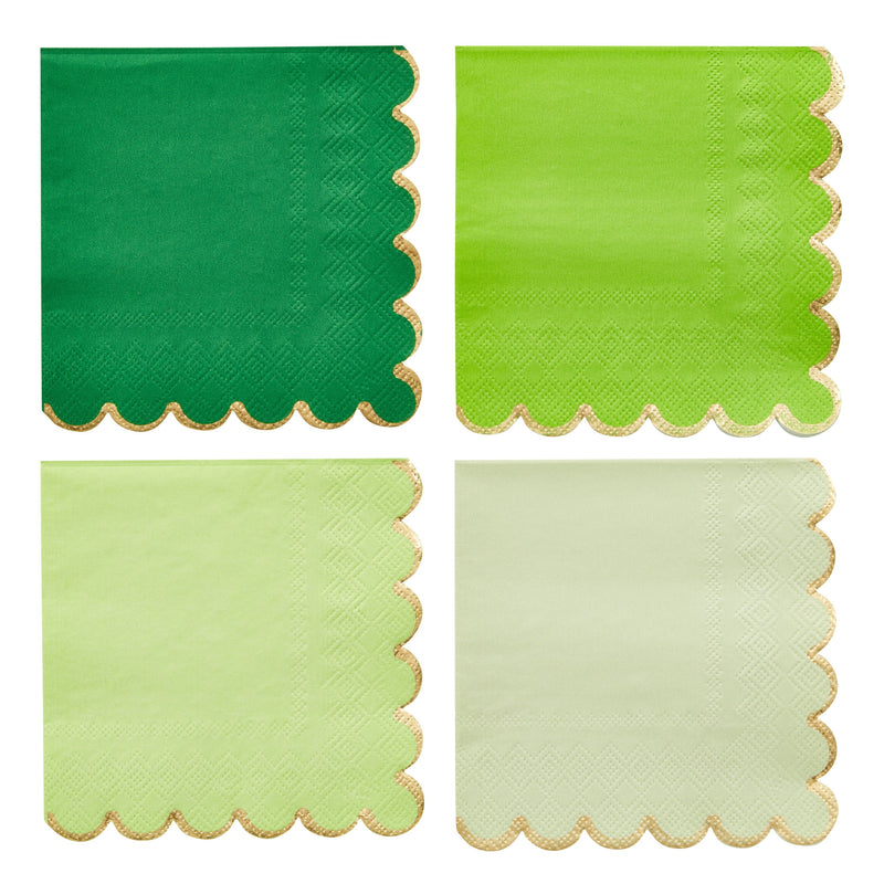 100-Pack Disposable Paper Cocktail Napkins with Scalloped Edges, 5x5-Inch Bulk Serviettes in 4 Shades of Green with Gold Foil Trim
