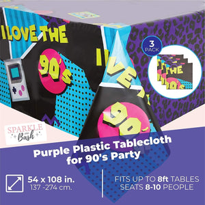 Purple Plastic Tablecloth for 90’s Birthday Party (54 x 108 in, 3 Pack)