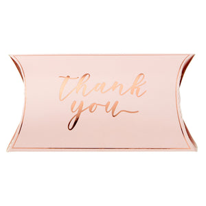 100-Pack Wedding Favor Pillow Boxes, Bulk 5.2x3.2-Inch Kraft Paper Thank You Gift Boxes with 1 Roll Jute String for Party Favors (Pink with Gold Script)