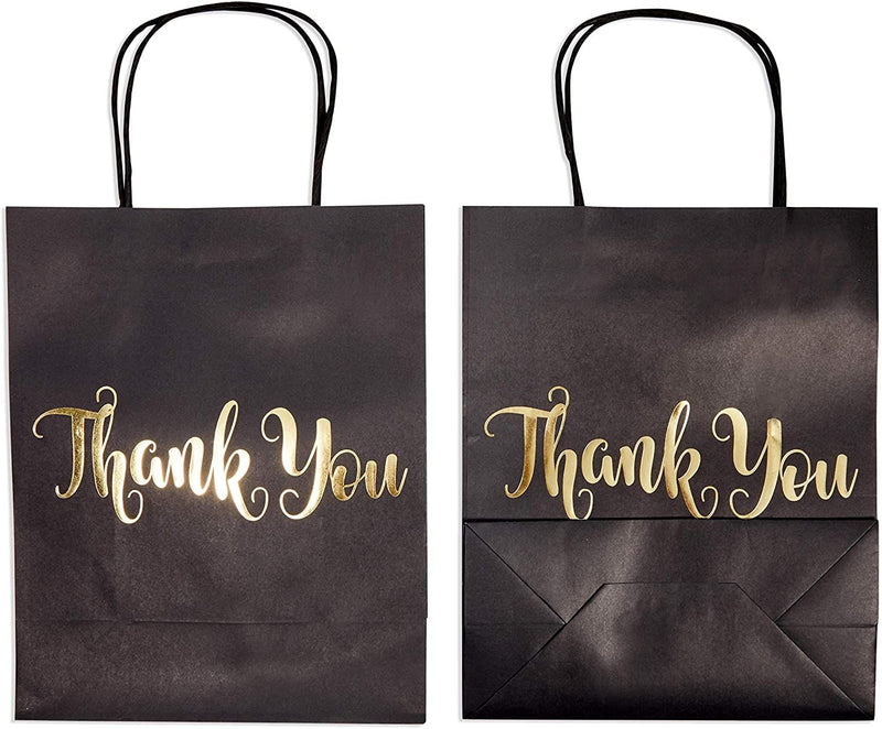 24 Pack Medium Black Thank You Party Favor Paper Goodie Gift Bags with Handles, Gold Foil