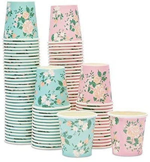 Paper Espresso Cups, Small Shot Cup for Bathroom, 2 Floral Designs (4 oz, 100 Pack)