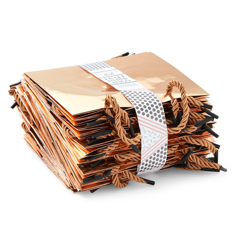 24 Pack Mini Metallic Rose Gold Gift Bags with Rope Handles, Reusable Paper Gift Bags (6 x 5 x 2.5 In)