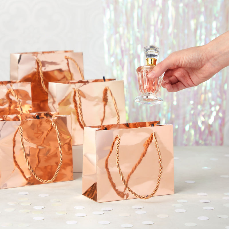 24 Pack Mini Metallic Rose Gold Gift Bags with Rope Handles, Reusable Paper Gift Bags (6 x 5 x 2.5 In)