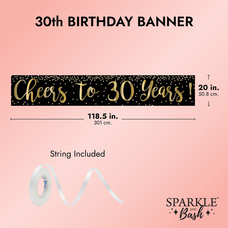 Cheers to 30 Years Banner, 30th Birthday Party Decorations (Black, Gold, 9.8 x 1.6 Ft)