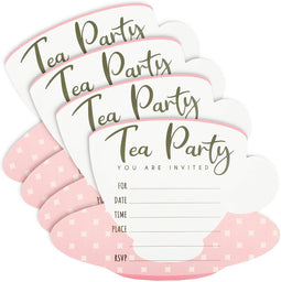 36 Pack Tea Party Invitation Cards with Envelopes, Pink and White High Tea Themed, (5 x 7 in)