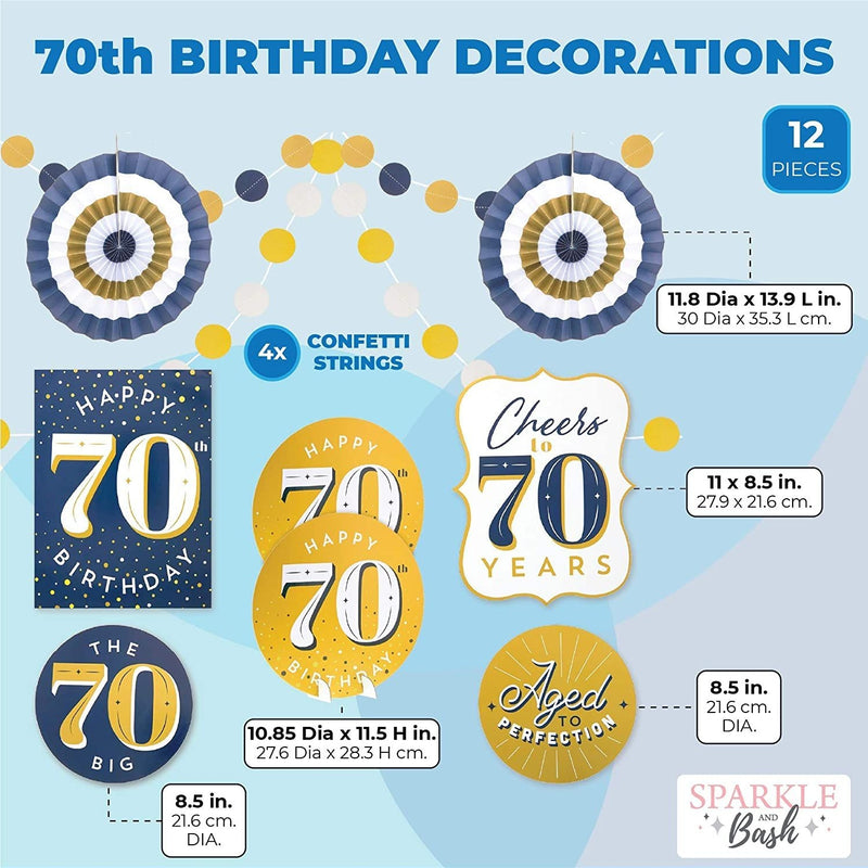 70th Birthday Party Supplies, Includes Table Centerpieces, Wall Sign, Ceiling Decorations and Confetti String (12 Pieces)