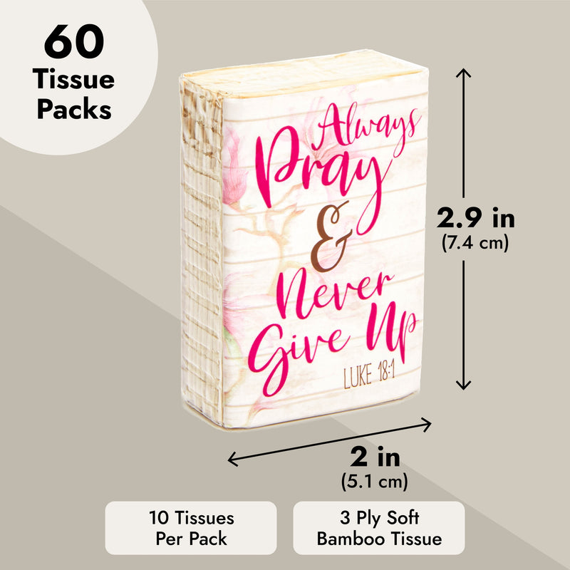 60 Pack Facial Pocket-Size Individual Tissues Bulk, Always Pray and Never Give Up Luke 18:1, for Party Favors, Graduation Ceremony, Funeral (3-Ply Soft Bamboo Tissue)