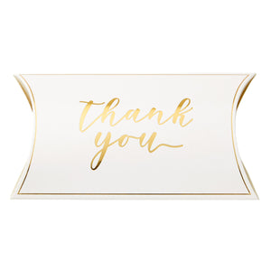 100-Pack Wedding Favor Pillow Boxes, Bulk 5.2x3.2-Inch Kraft Paper Thank You Gift Boxes with 1 Roll Jute String for Party Favors (White with Gold Script)