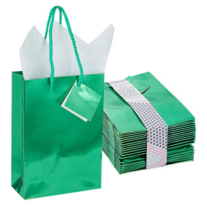 20-Pack Small Metallic Gift Bags with Handles, 5.5x2.5x7.9-Inch Paper Bags with Foil Coating, White Tissue Paper Sheets, and Tags for Small Business (Green)