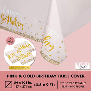 Pink and Gold Plastic Party Tablecloth, Happy Birthday (54x108 In, 3 Pack)