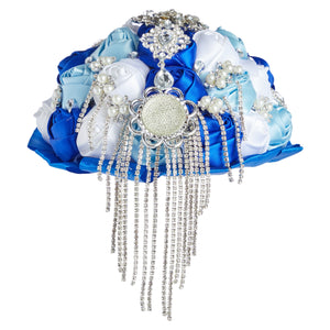 Royal Blue Satin Rose Rhinestone Bridal Bouquet with Brooch for Wedding, Quinceanera (8.5 In)