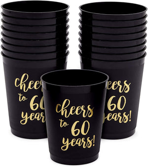 16 Pack Cheers to 60 Years Plastic Party Cups - 60th Birthday Decorations for Men and Women, Anniversaries (Black, 16 oz)