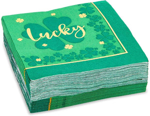 St Patrick's Party Napkins, Green Four Leaf Clover-Themed Lucky Design (5 In, 50 Pack)