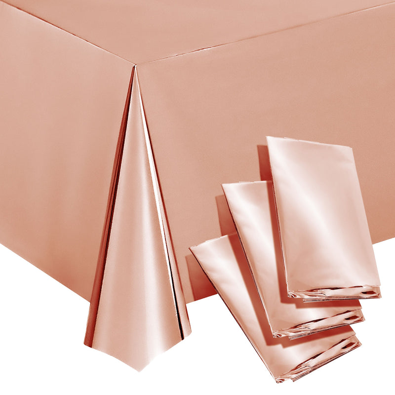 3 Pack Rose Gold Plastic Tablecloth, Metallic Table Cover Disposable for Pink Birthday Parties, Gender Reveal, Bridal Shower Decorations (54 x 108 In)