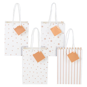 24 Pack Small White Bags with Handles and Tags, Paper Gift Bags for Small Business, 4 Rose Gold Foil Designs (7.9 x 5.5 x 2.5 In)