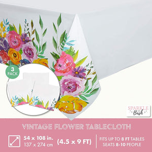 3 Pack Plastic Floral Tablecloth for Wedding, Birthday Party Decorations, Disposable Tablecloths for Rectangle Tables, Tea Party Supplies, Baby Shower, 54 x 108 Inches
