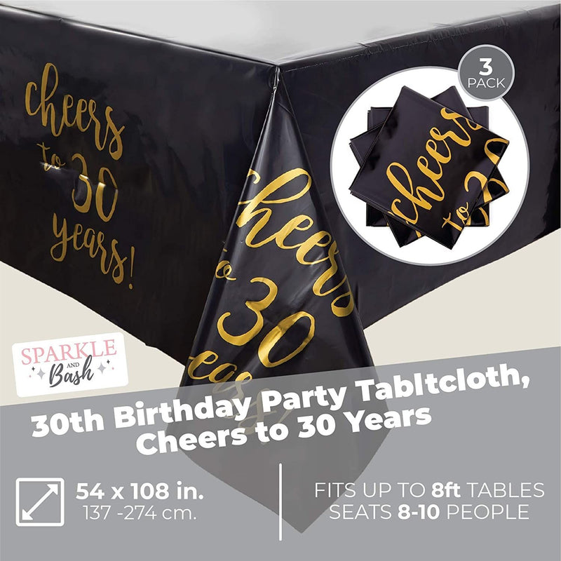 Black Plastic Tablecloth for 30th Birthday Party (54 x 108 in, 3 Pack)