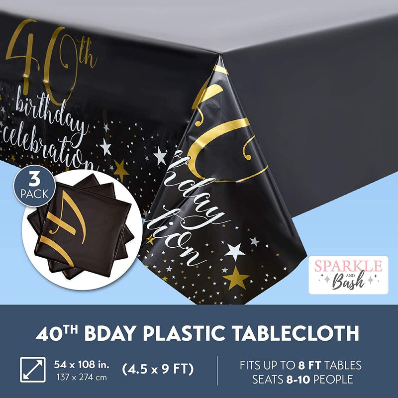 Black Plastic Tablecloth for Party, 40th Birthday Celebration (54 x 108 in, 3 Pack)