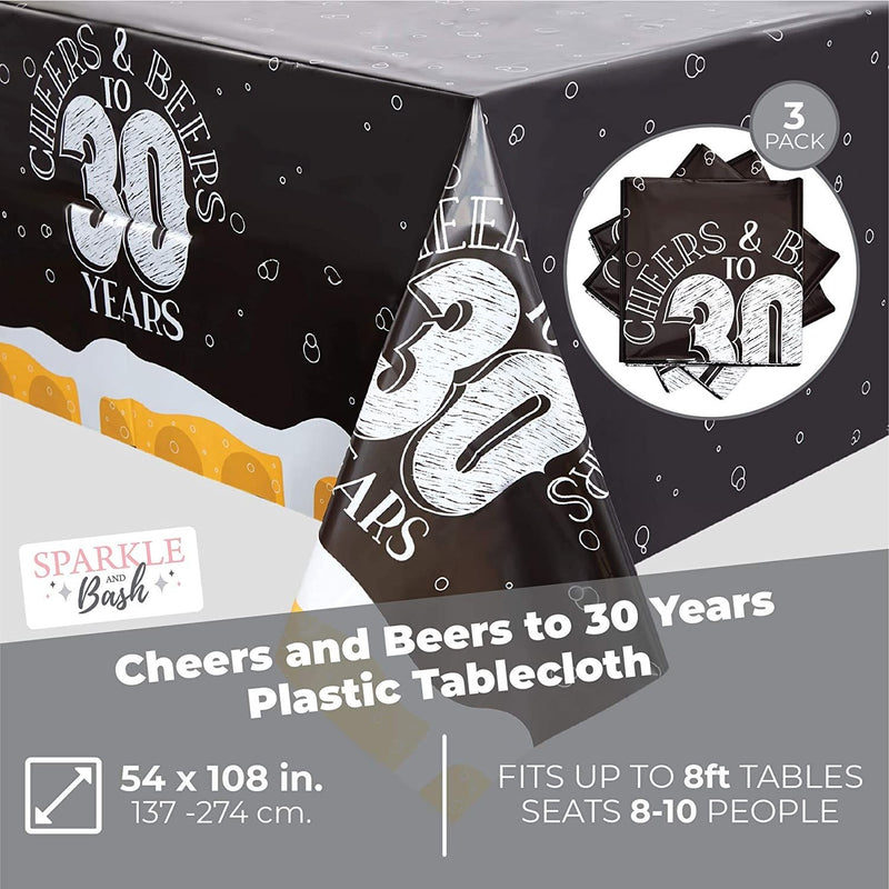30 Years Plastic Tablecloth for Birthday, Cheers and Beers (54 x 108 in, 3 Pack)