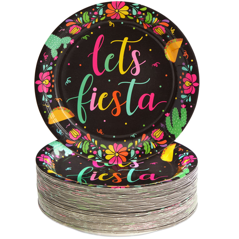80 Pack Let's Fiesta Paper Plates for Cinco de Mayo Party Decorations, Black (9 In)