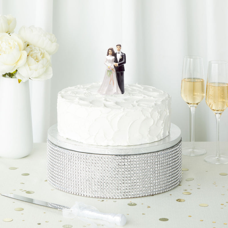 2 Piece Silver Foil Wedding Cake Stand with Rhinestones and 12 Inch Cake Drum, Dessert Holder for Centerpieces