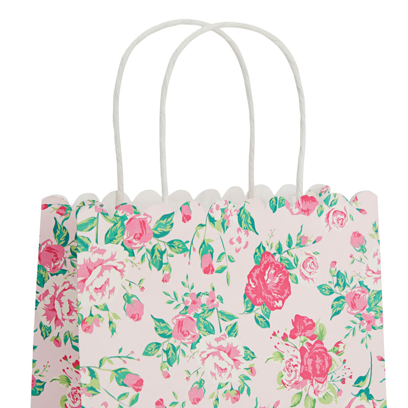 24-Pack Floral Gift Bags, 8x4x10-Inch Medium Size Gift Bags with Handles, Paper Bags with Colorful Rose Flower Print (Pink)