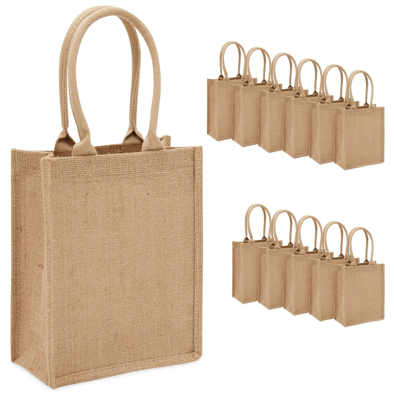 12 Pack of Natural Burlap Tote Bags with Handles 8 x 10 x 4 Inches for Groceries, Shopping, Beach, DIY Crafts, Art Projects, Bachelorette Party, Reusable Bulk Set