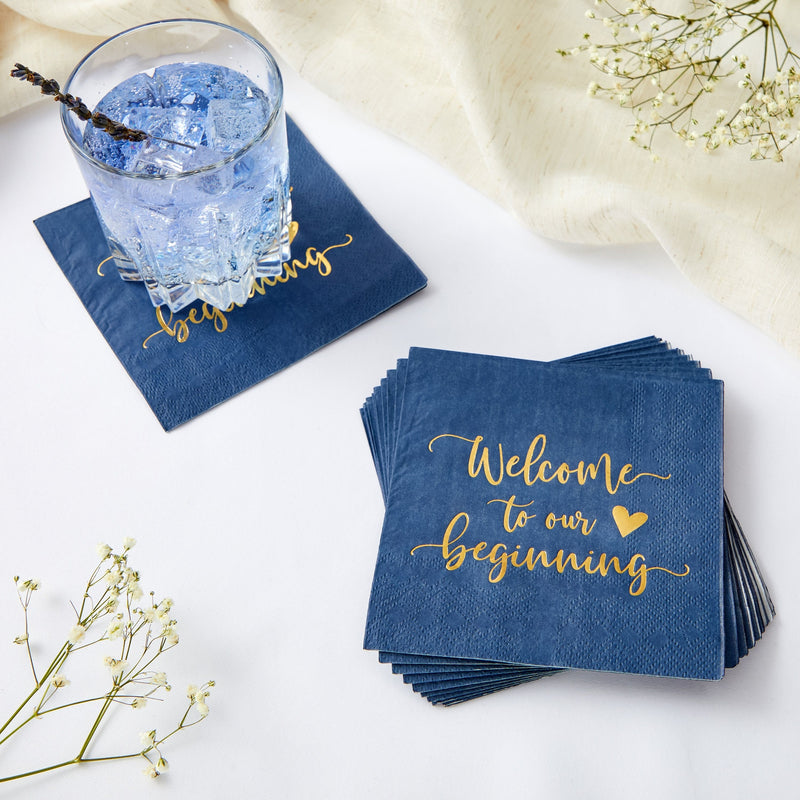 100 Pack Navy Blue Wedding Cocktail Napkins Bulk for Reception, Welcome to our Beginning, Gold Foil (5 x 5 In)