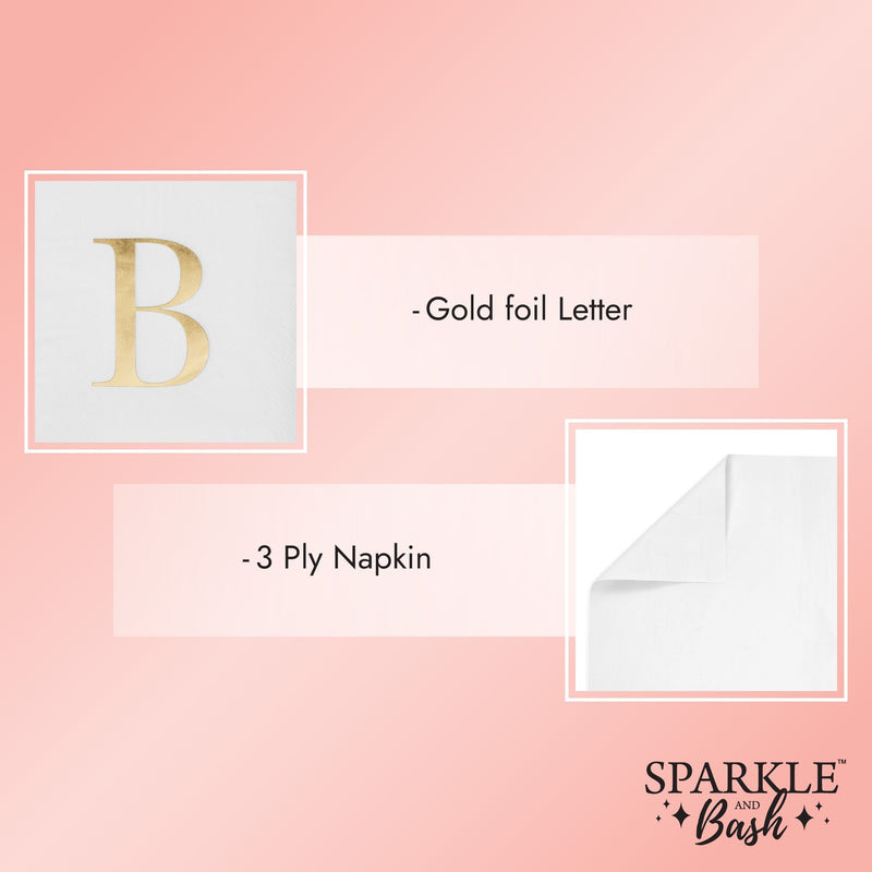 Gold Foil Initial Letter B White Monogram Paper Napkins (4 x 8 In, 100 Pack)