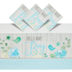 3 Pack Hello Baby Boy Plastic Table Covers for Baby Shower Decorations for Boys, Rustic Brid Design (Blue, 54 x 108 In)