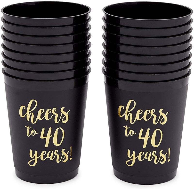 16 Pack Cheers to 40 Years Plastic Party Cups - 40th Birthday Decorations for Men and Women, Anniversaries (Black, 16 oz)