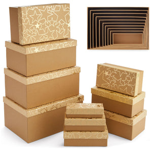 Set of 10 Nesting Gift Boxes with Lids, Cardboard Box with Gold Foil Star Designs (10 Sizes)