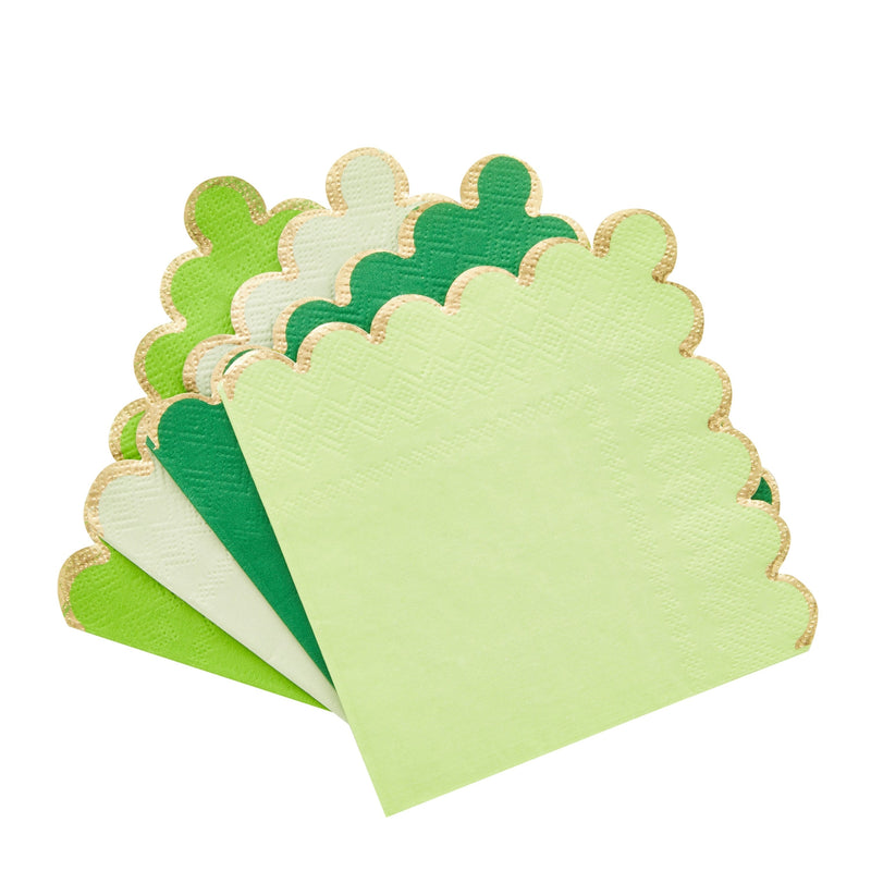 100-Pack Disposable Paper Cocktail Napkins with Scalloped Edges, 5x5-Inch Bulk Serviettes in 4 Shades of Green with Gold Foil Trim