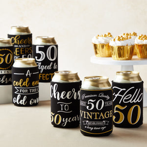 12-Pack 50th Birthday Can Cooler Sleeves for Soda Cans, Bottles - Cheers and Beers to 50 Years Decorations and Party Favors for Men, Women (Black and Gold, 3.8x5.3 in)