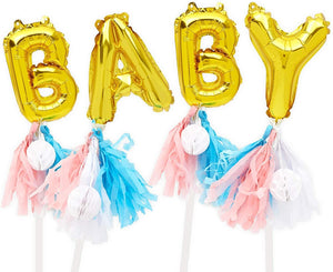Metallic Gold Foil "Baby" Letter Balloons Cake Topper with Tassel for Baby Shower Gender Reveal Party Decorations,7.5 inch