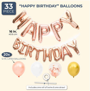 Rose Gold Balloon Garland for Birthday Party (Foil Letters, 33-Piece Set)