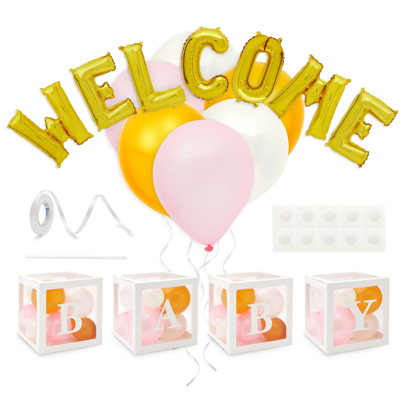 69 Pcs Clear Latex Balloon Boxes with Letters for Baby Girl Shower Decorations and Banner, Gender Reveal Party Supplies, Pink