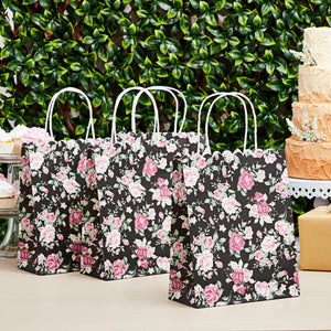 24-Pack Floral Gift Bags, 8x4x10-Inch Medium Size Gift Bags with Handles, Paper Bags with Colorful Rose Flower Print (Black)