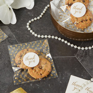Cellophane Cookie Bags with Thank You Stickers, Gold Polka Dots (4x4 In, 250 Pack)