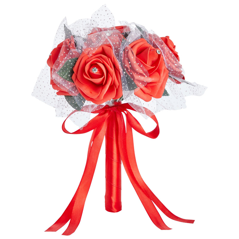 Red Foam Roses Artificial Wedding Bouquet for Bride, Bridesmaid (9.5 In)