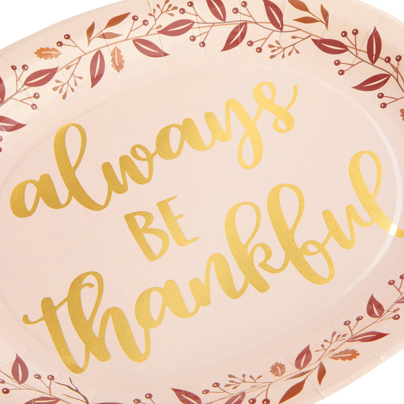 24-Pack Large Oval Thanksgiving Paper Plates, Heavy Duty Serving Plates with Fall Leaves, Pink with Gold Foil (13x11 in)