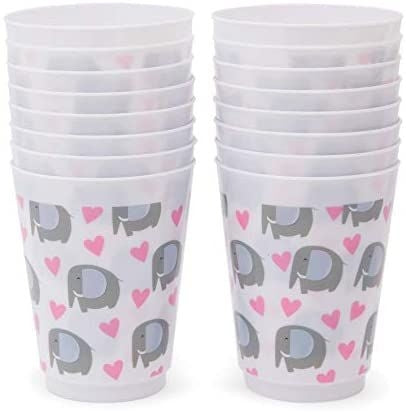 16 oz Plastic Tumbler Cups, Elephant Baby Shower Decorations for Girl (16 Pack)
