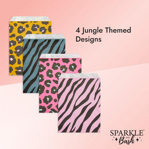 Animal Print Paper Goodie Bags for Safari Birthday Party Favors, 4 Assorted Designs (5 x 7.5 In, 100 Pack)