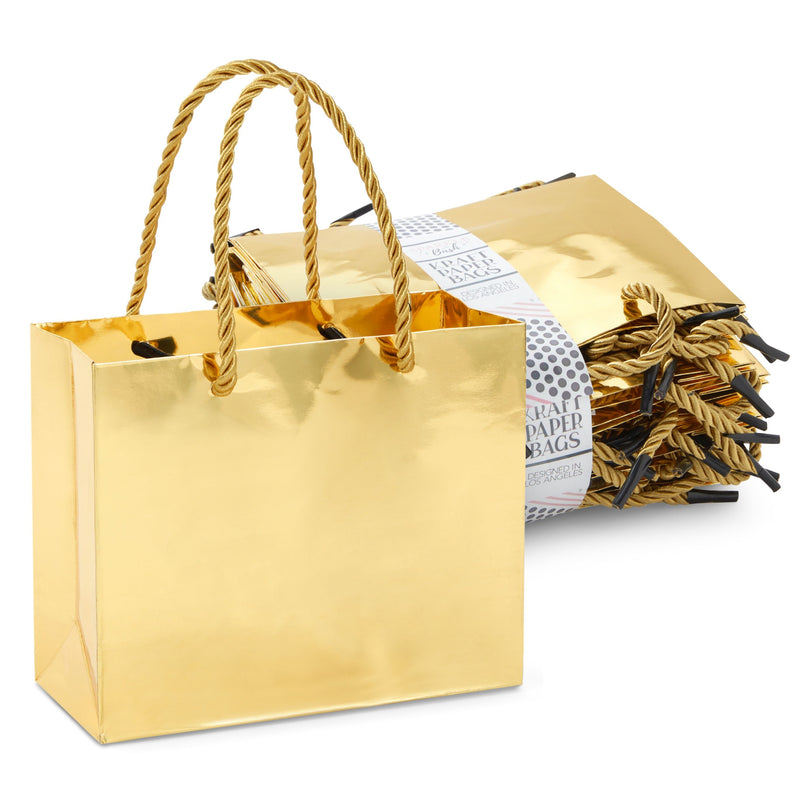 24 Pack Mini Metallic Gold Gift Bags with Rope Handles, Reusable Paper Gift Bags (6 x 5 x 2.5 In)